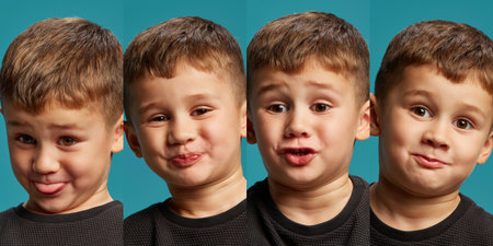 Collage. Little boy, child showing variety of funny expressions against blue background. Joy, grimacing, smiling. Concept of childhood, emotions and expressions, kids, fun.の写真素材