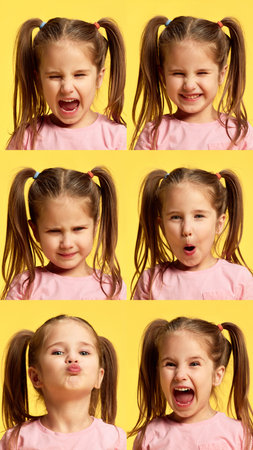Vertical collage. Close-up portraits of little playful girl, child expressing diversity of emotions against yellow background. Concept of childhood, fun, games, joy, expressive, emotions, lifestyle.の写真素材