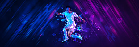 Male soccer player running with ball, illuminated by blend of polygonal shards and vibrant light streaks in blue and purple hues. Concept of competition, sport games, movement. Polygonal elements.の写真素材