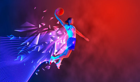 Basketball player soaring for dunk, her movements complemented by polygonal fragments and contrasting waves of red and blue light. Concept of competition, sport games, movement. Polygonal elements.の写真素材