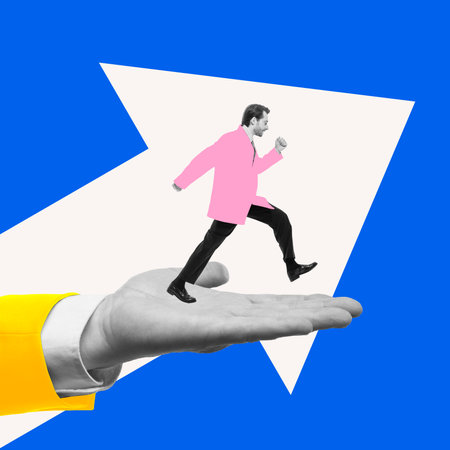 Contemporary art collage. Businessman stepping forward on oversized hand, symbolizing guidance in professional growth against background with arrow. Concept of mentoring, couching, development. Adの写真素材
