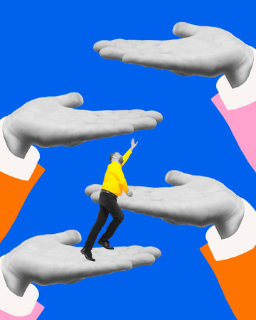 Contemporary art collage. Multiple hands creating staircase, with man climbing, depicting layers of guidance and mentorship leading to personal and career success. Concept of mentoring.の写真素材