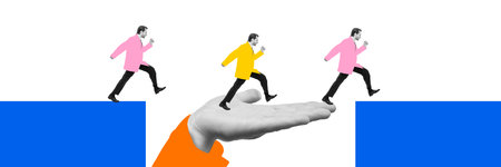 Banner. Contemporary art collage. Dynamic sequence of running figures on supportive hand, as continuous progress and trust in mentorship for achieving ambitious goals. Concept of developmentの写真素材