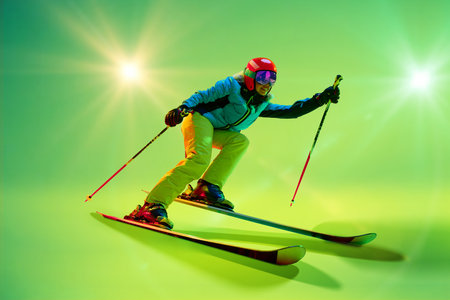 Side view, low angle of athletic woman, skier gliding forward against intense green studio background in neon green ambiance. Concept of extreme sport.の写真素材