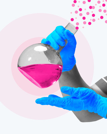 Contemporary art collage. Gloved hands hold flask of pink liquid, releasing bubbles, capturing precision and creativity of scientific discovery. Concept of seasonal ill, pharmaceutical, disease. Adの写真素材