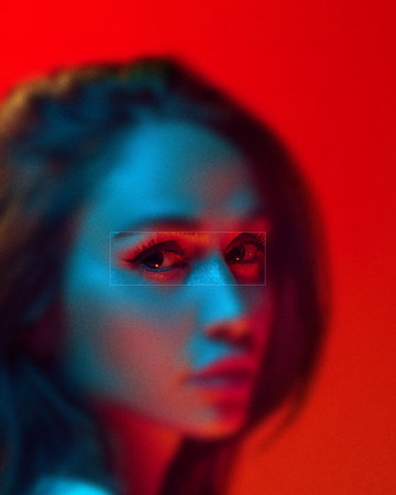 Contemporary art collage. Female eye reflecting thoughtfulness and grace. Smooth transitions in texture and muted tones add elegance in naturalistic composition. Concept of psychology.の写真素材