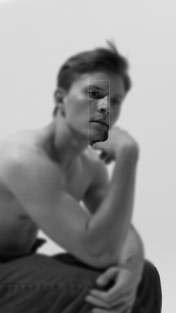 Contemporary art collage. Male gaze with sharp focus, radiating clarity and strength. Black and white. Blur filter. Concept of human emotions, psychology, human rights, communication. Adの写真素材