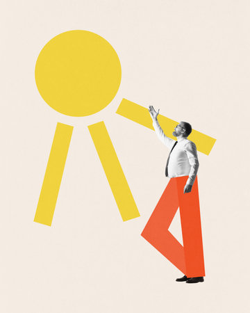 Poster. Contemporary art collage. Man stands reaching towards bright yellow sun. Natural light. Concept of business, work, marketing, people and nature. Adの写真素材