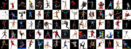 Dynamic mix of athletic moments, capturing both individual and team sports against black and white...