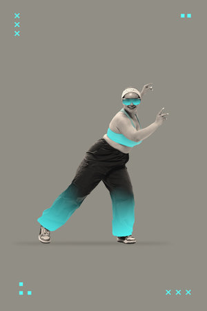 Contemporary art collage. Confident dancer in casual modern attire with turquoise accents, radiating...