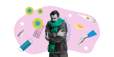 Contemporary art collage. Man shivering in scarf, surrounded by virus graphics, pills, and...