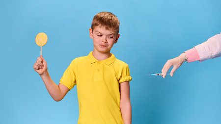 Doctor doing vaccination to wary, scared young boy with sweet candy in hand against pastel blue...