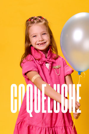 Poster. Contemporary art collage. Smiling girl holding balloon and text COQUELUCHE in French,...