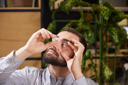Man pulls down his eyelid and puts drops in his eyes to relieve dryness and irritation while sitting at desk at work. Disease and treatment. Concept of illness, health insurance, pharmaceutical.の写真素材