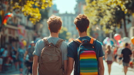 Friends at pride parade radiate joy, celebrating identity, unity, and inclusivity, supporting LGBTQA visibility and fight for human rights worldwide. Concept of human rights, liberty.の素材