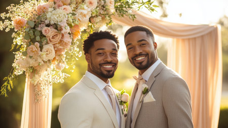 Portrait of two grooms smiling under floral arch celebrate love and equality, symbolizing LGBTQ inclusion and human rights in joyful wedding ceremony. Concept of LGBTQ community, human rights, libertyの素材