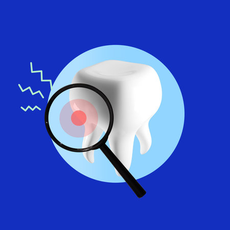 Poster. Contemporary art collage. Tooth with red pain marker magnified, emphasizing diagnostic and treatment options for dental issues. Concept of health insurance, dentist, medicine. Adの写真素材