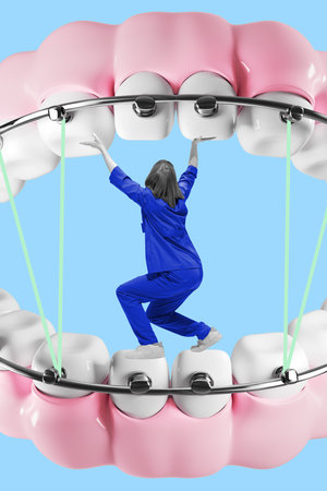 Poster. Contemporary art collage. Dentist in braces structure, showcasing balance of professional care and orthodontic support. Concept of health insurance, dentist, medicine. Adの写真素材