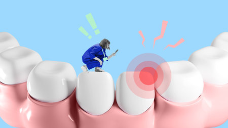 Poster. Contemporary art collage. Dentist inspecting tooth pain area, representing immediate care and diagnostics included in health plans. Concept of health insurance, dentist, medicine. Adの写真素材
