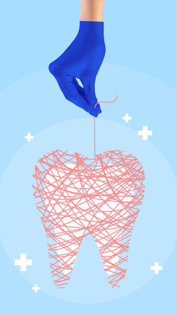 Poster. Contemporary art collage. Blue-gloved hand wrapping tooth with thread, illustrating dentists reconstruction and restoration services. Concept of health insurance, dentist, medicine. Adの写真素材