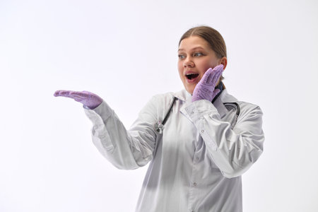 Portrait of young Caucasian woman raising one hand and another hand on cheek in shock against white studio background. Concept of medicine, health care, work, treatment, therapy. Adの写真素材