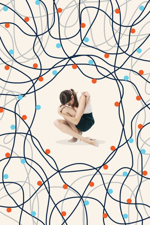 Contemporary art collage. Woman curled in garlands, symbolizing complexity of workplace expectations and struggles with inner emotional balance. Concept of Blue Monday, overworked, emotional burnout.の写真素材