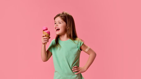 Laughing girl in green shirt, enjoying ice cream cone, radiating happiness, after vaccination against pink studio background. Concept of healthcare, protection, immunity, prevention.の写真素材