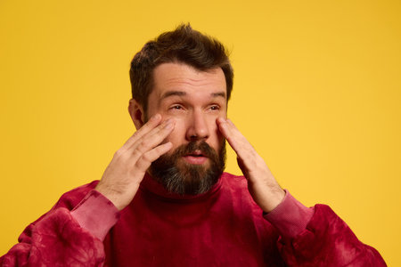 Close-up photo of young man dressed casual attire touching his eyes because it hurt and tear up...