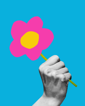 Contemporary art collage. Hand, black and white, grasps bright pink flower with yellow center. Vibrant flower stands out against bold blue background. Concept of summer, recreation. Adの写真素材