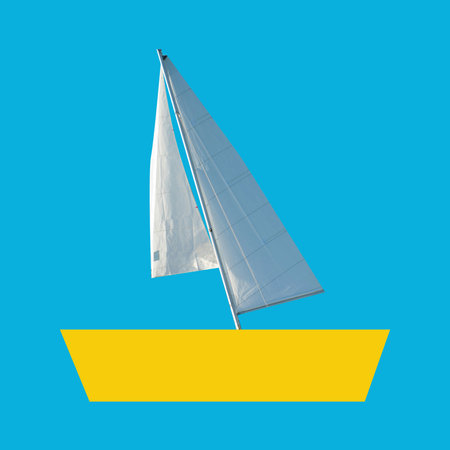 Contemporary art collage. White sail, boat catches wind, creating dynamic shape against blue background. Pop art design. Concept of summer, recreation, tourism. Adの写真素材