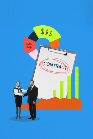 Poster. Contemporary art collage. Man in suit shaking hands with smiling woman beside clipboard marked Contract in front of colorful pie chart and green rising bars. Concept of marketing, financeの写真素材