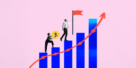 Poster. Contemporary art collage. Woman pushing coin symbol up blue bar graph. Man reaching red flag atop bar as arrow climbs graph . Concept of business, marketing, finance, sales.の写真素材