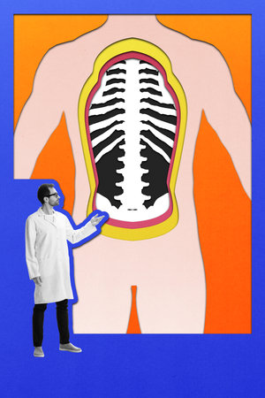 Poster. Contemporary art collage. Male doctor wearing white lab coat pointing at outlined ribcage in torso illustration against colorful background. Concept of medicine, healthcare, rehabilitationの写真素材