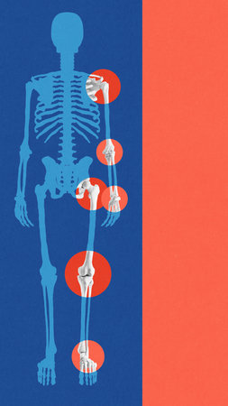 Poster. Contemporary art collage. Full human skeleton silhouette with red circles marking specific joint areas against background with copy space. Concept of medicine, healthcare, rehabilitation.の写真素材