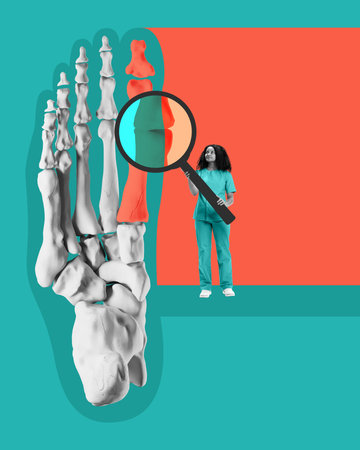 Poster. Contemporary art collage. Woman in teal scrubs holding magnifying glass near enlarged 3D model of human foot skeleton with colorful overlays. Concept of medicine, healthcare, rehabilitation.の写真素材