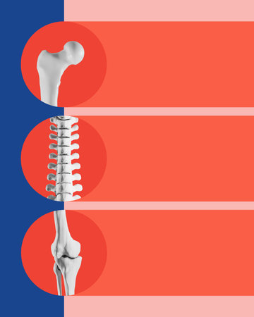 Poster. Contemporary art collage. Three skeletal elements such as hip, spine, knee, highlighted within red circles on vibrant background stripes. Concept of medicine, healthcare, rehabilitation.の写真素材