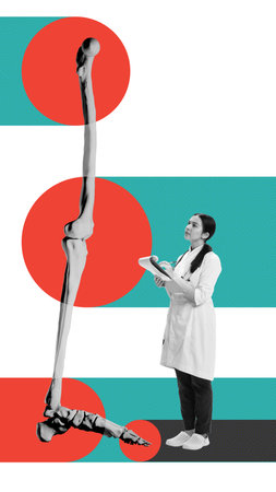Poster. Contemporary art collage. Young medical worker stand with 3d model of human leg and foot bones with folder following joints affected by inflammation. Concept of medicine, healthcare.の写真素材