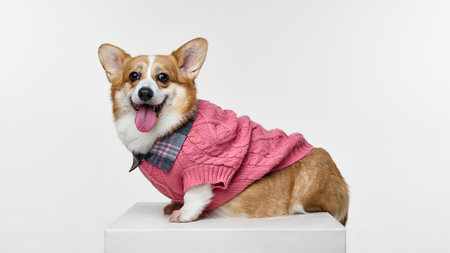 Purebred, funny young pet, sitting dressed stylish warm sweater and looking friendly at camera with tongue out. Concept of animals, grooming, veterinary, love and care. Adの写真素材