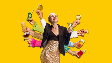 Contemporary art collage. Confident woman in festive skirt with many hands holding cocktails showcases modern sophistication and party culture. Concept of alcohol drinks, entertainment, nightclub. Adの写真素材