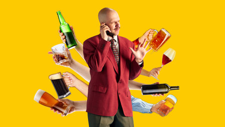 Contemporary art collage. Man in red suit talking on phone, with many hands offering various drinks, represents chaotic party planning or multitasking celebration. Concept of alcohol drinks.の写真素材
