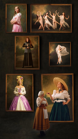 Collage. Framed portraits showcasing historical reenactments, including elegant dancers, warrior,...
