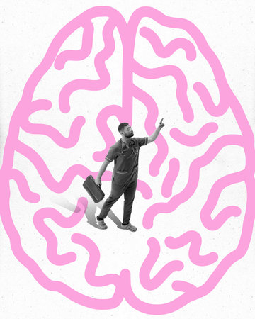 Contemporary art collage. Medical worker navigates through maze-like pink brain symbolizing exploration of complex neural pathways or health solutions. Concept of health diseases. Adの写真素材