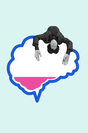 Contemporary art collage. Figure floats upside down within brain-shaped speech bubble symbolizing disorientation or cognitive imbalance in neurological conditions. Concept of health diseases. Adの写真素材