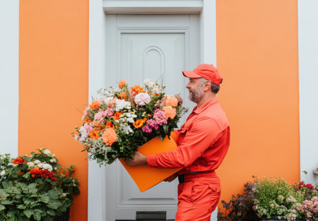 Florist in bright orange uniform delivering colorful flower arrangement in vibrant box standing near orange house wall. Concept of love and romantic, Valentines day.の素材