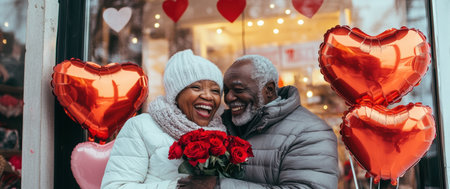 Elderly couple holding red roses and smiling at each other in front of shop decorated with romantic balloons and festive lights. Concept of love and romantic, Valentines day.の素材