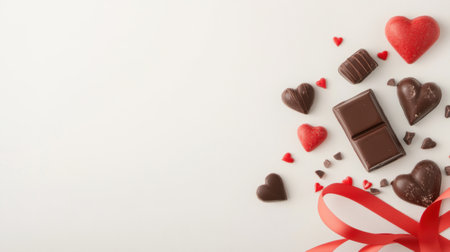Selection of chocolates in heart shapes in shades of red, white, and brown arranged on bright red background, featuring intricate patterns and designs. Concept of love and romantic, Valentines day.の素材