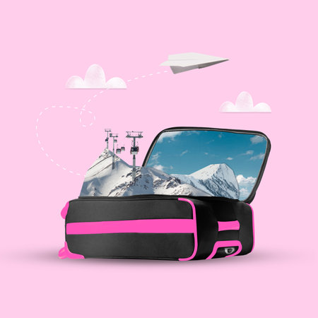 Contemporary art collage. Pink travel bag opens to snowy mountain landscape with ski lifts. Minimalistic design with paper plane. Concept of travelling, vacation, recreation. Adの写真素材