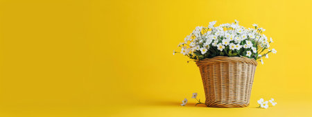 Wicker basket filled with delicate white flowers against vibrant yellow background, evoking a minimalist and fresh spring feel. Concept of nature and beauty,spring mood, agriculture, flora. Adの素材