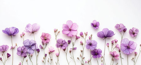 Minimalist arrangement of soft purple and pink wildflowers on white background, symbolizing springs elegance and serene beauty. Concept of nature and beauty,spring mood, agriculture, flora. Adの素材