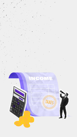 Modern graphic art design. Man analyzing income sheet with coins and calculator represents financial tracking, tax obligations. Concept of business, budgeting, management. Adの写真素材